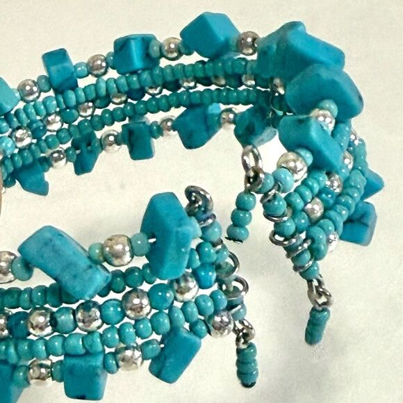 Turquoise Wide Chunky Multi-Strand Beaded Coiled Bangle Bracelet, Stretchy - Picture 8 of 9